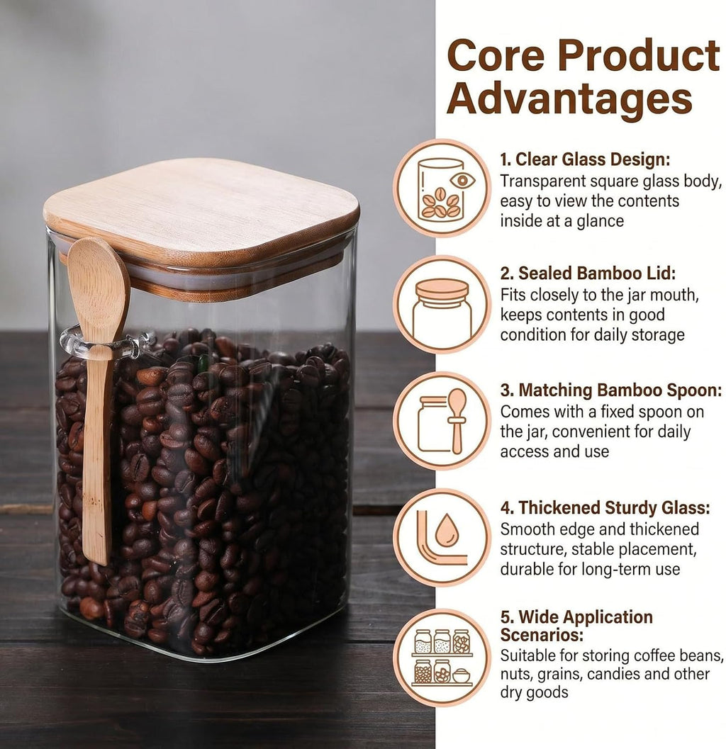 Vorratsdose Aus Glas 1000 Ml Transparent Stapelbar Glasbehälter Mit Luftdichtem Verschluss Holzdeckel Und Löffel Küchenaufbewahrungsbehälter Für Kaffee Bohnen Tee Gewürzflasche Nüsse Süßigkeiten