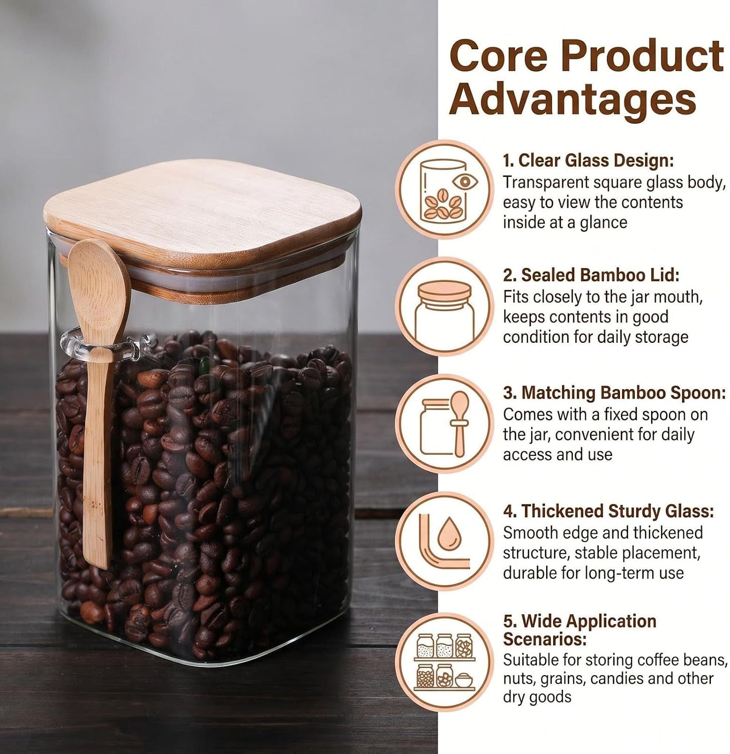 Vorratsdose Aus Glas 1000 Ml Transparent Stapelbar Glasbehälter Mit Luftdichtem Verschluss Holzdeckel Und Löffel Küchenaufbewahrungsbehälter Für Kaffee Bohnen Tee Gewürzflasche Nüsse Süßigkeiten