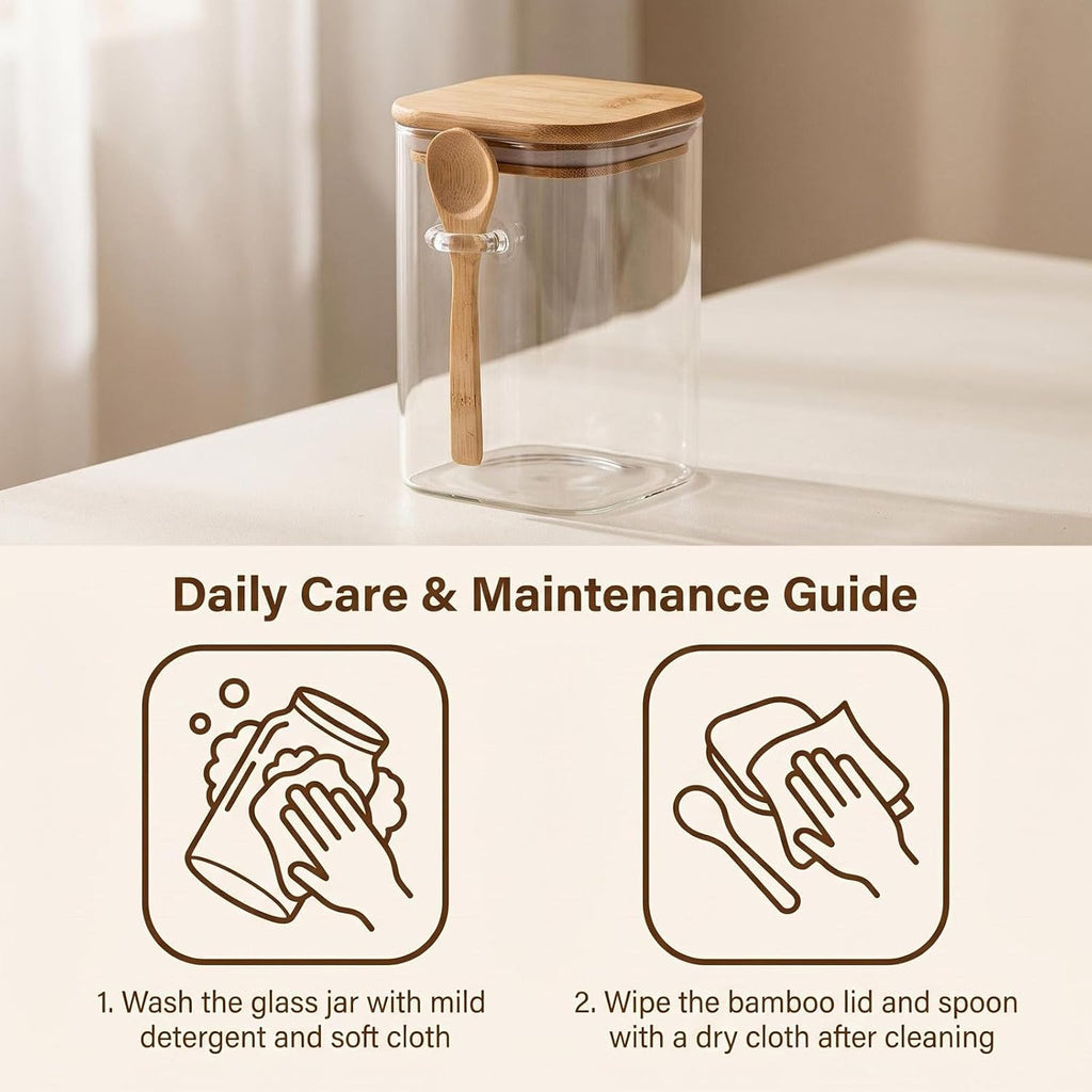 Vorratsdose Aus Glas 1000 Ml Transparent Stapelbar Glasbehälter Mit Luftdichtem Verschluss Holzdeckel Und Löffel Küchenaufbewahrungsbehälter Für Kaffee Bohnen Tee Gewürzflasche Nüsse Süßigkeiten