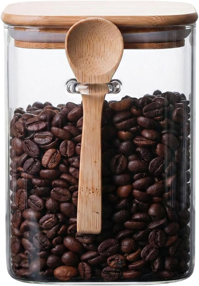 Vorratsdose Aus Glas 1000 Ml Transparent Stapelbar Glasbehälter Mit Luftdichtem Verschluss Holzdeckel Und Löffel Küchenaufbewahrungsbehälter Für Kaffee Bohnen Tee Gewürzflasche Nüsse Süßigkeiten